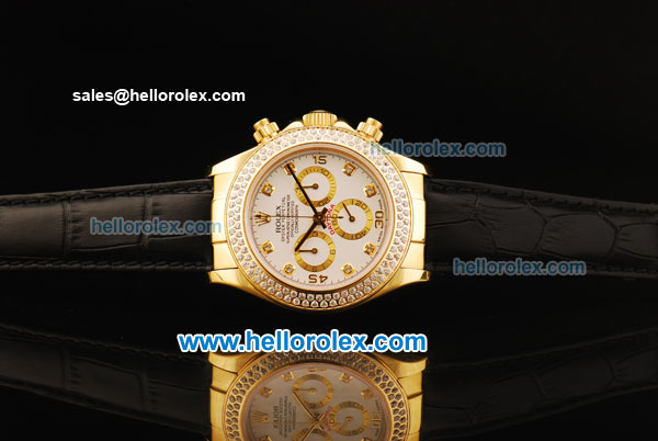 Rolex Daytona Chronograph Swiss Valjoux 7750 Automatic Movement Gold Case with Diamond Markers/Bezel and Black Leather Strap - Click Image to Close